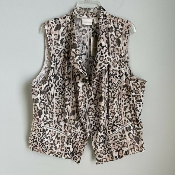 New Chico's 4 Beige Animal Printed Open Front Sleeveless Vest Zip Pockets - Picture 1 of 7